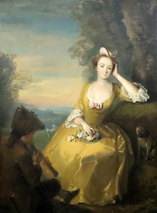 Early 19th Century French School Portrait of a lady, standing in a landscape, a piper and pug dog in attendance, 34.5 x 26.5in.